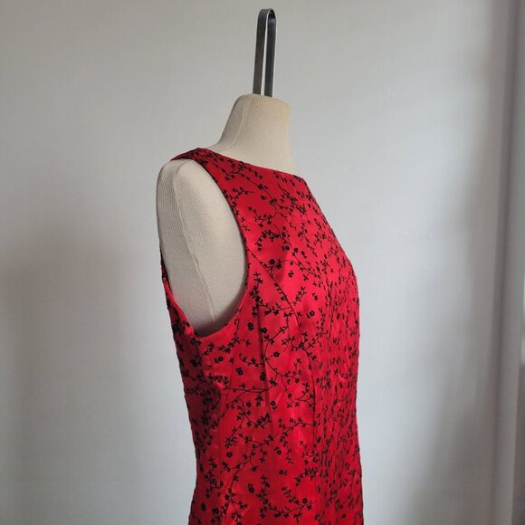 Dani Max 1990s Red Satin Chinese Flowers Flocked Velvet Slip Dress (Size: 8) - Picture 7 of 12